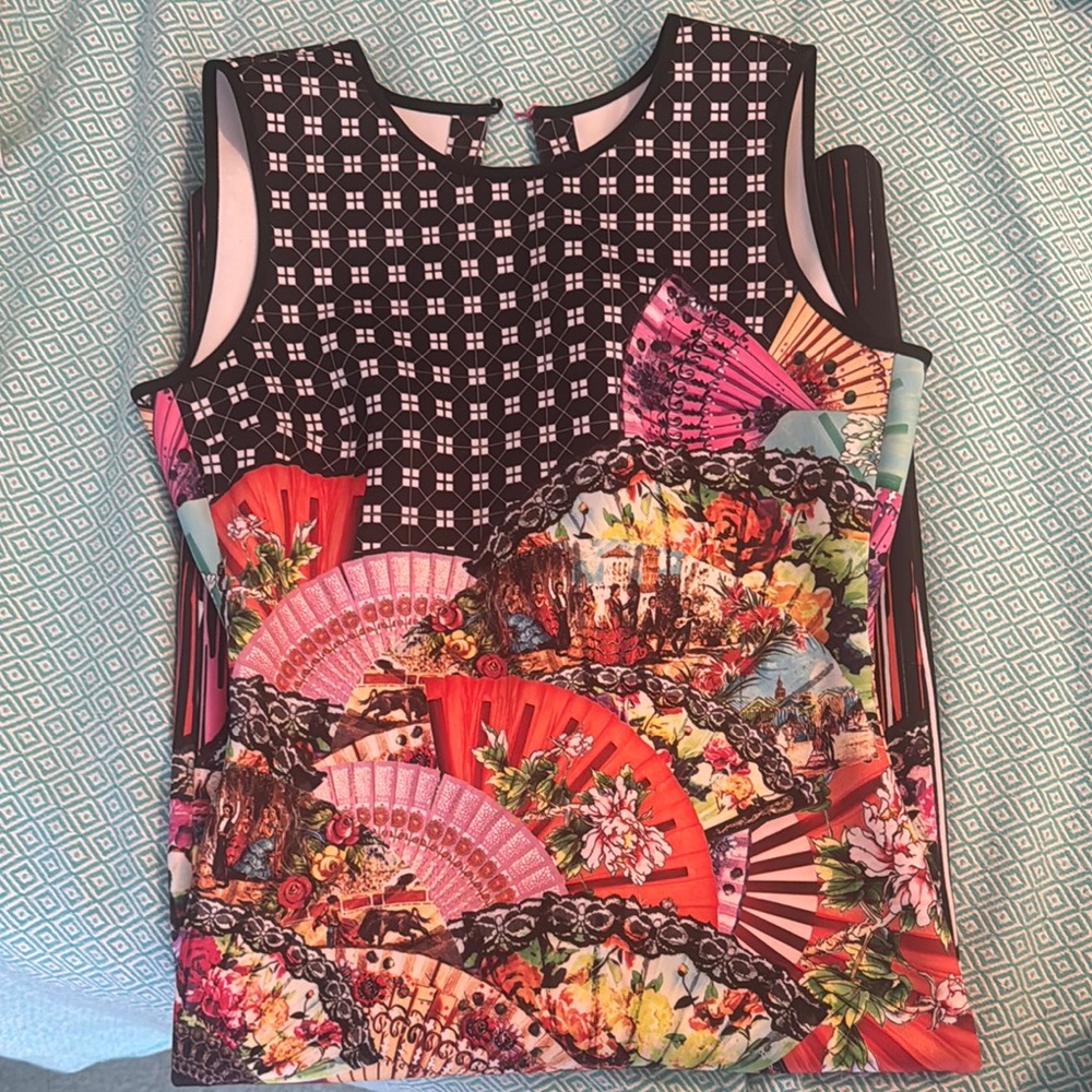 Clover Canyon Scuba Dress Cut-Out Back Chinese fan motif